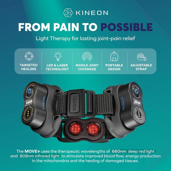 Kineon Move+ Pro Red LED Light Therapy – Design portable et mains libres – Thérapie infrarouge – Confort et bien-être articulaires – Réduit la douleur et l'arthrite dans les articulations et les