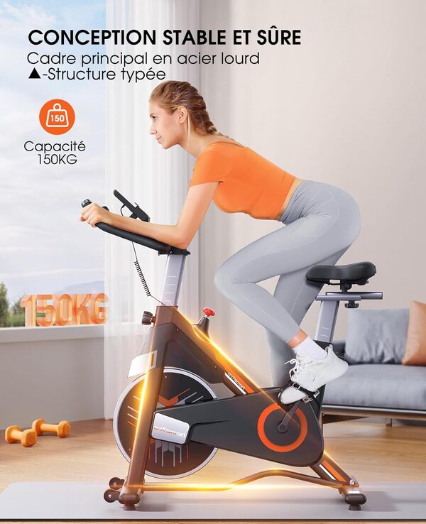 homeTro Vélo d'Appartement Spinning, Résistance Magnétique Ajustable, Vélo d'exercice à Siège Confortable et Écran, Entraînement Cardio Home Trainer, Tutoriels Vidéo Inclus