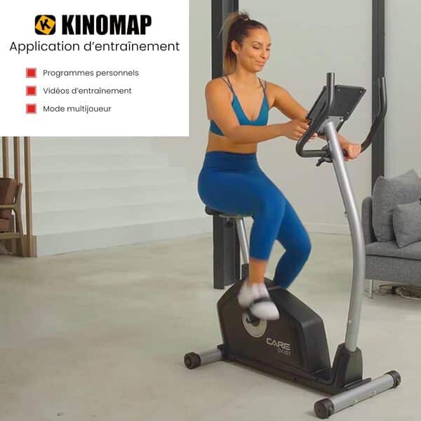 CARE FITNESS - Vélo d’Appartement Motorisé CV-351 – Masse d'Inertie 10kg - Résistance Magnétique à 16 Niveaux - 7 Programmes d'Entraînement - Selle Ajustable - Connectivité Application Kinomap