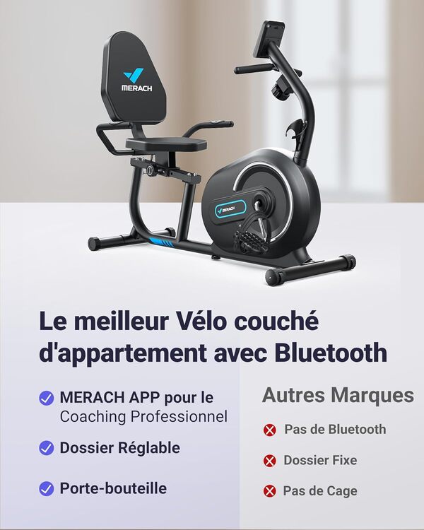 MERACH Vélo d'Appartement, Vélo Couché Magnétique avec 8 Niveaux de Résistance Réglables, Vélo de Fitness avec Écran LCD, Poignées de Fréquence Cardiaque, Capacité de Charge de 136 kg