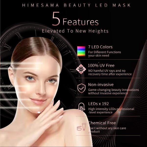 HIME SAMA 7 Color LED Mask, Masque de beauté photonique à lumière rouge et bleue pour le visage et le cou, anti-âge, anti-rides, raffermissant la peau A-021