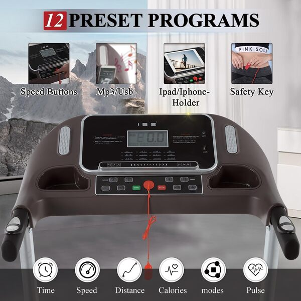 ISE Tapis de Course Pliable Electrique, Tapis de Marche Inclinable Professionnel, Tapis Course Inclinable Pliable 14KM/H, Treadmill Motorise 2HP/Écran LCD/12P, Tapis Marche Pliable Maison/Bureau