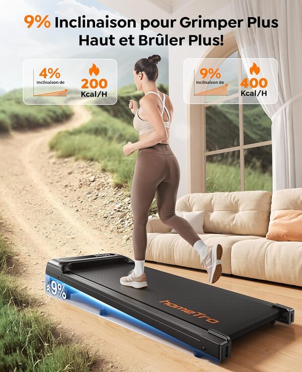 homeTro Tapis de Course - Tapis de Marche Inclinable avec 9% Incline - Moteur 2.5HP pour Maison et Bureau - Walking Pad Léger avec Affichage LED, Télécommande Mute, Idéal pour Running et Marche