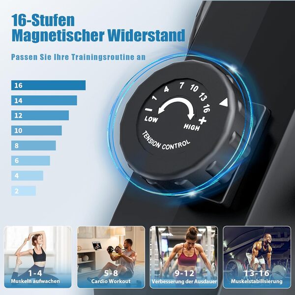 Dskeuzeew Rameur magnétique à 16 Niveaux avec Affichage LED, Rail Coulissant Silencieux pour la Maison, la Salle de Gym, l'équipement d'entraînement d'intérieur
