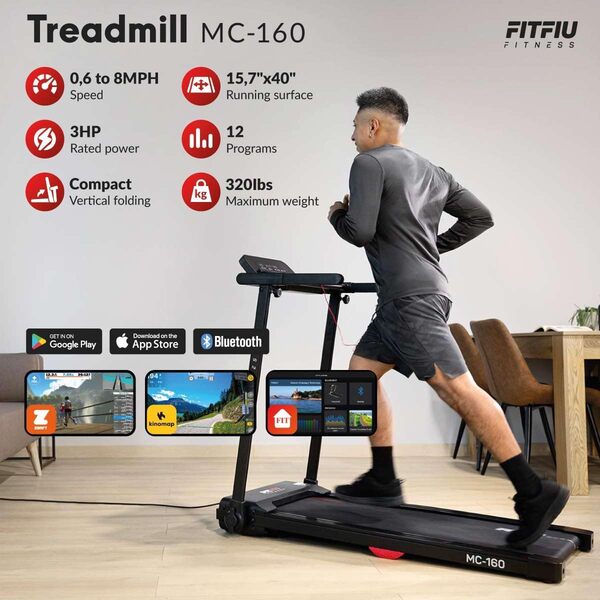 FITFIU Fitness MC-160 - Tapis de Course et de Marche 2 en 1, Tapis de Marche Pliable, 12 programmes, Bluetooth et Haut-parleurs, connectivité App Kinomap, Ultra-Compact pour la Maison/Bureau.