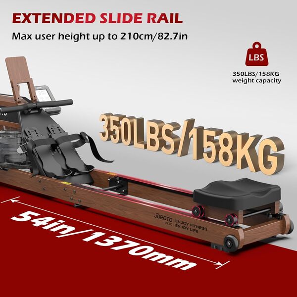 JOROTO Rameur à Usage Domestique, Rameur Pliable en Bois de Chêne, 28L Agrandissement du Réservoir d'eau, Capacité de Poids 158KG avec Moniteur Bluetooth, Support pour Téléphone et Tablette
