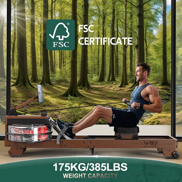 VOWVIT V-W3 Rameur Pliable Appartement - Construction en Bois de Haute Qualité, Rameur à Eau Bluetooth, Facilement Pliable, Taille d'Utilisateur Adaptée de 1,2m~2m, Max.175 kg, Garantie de 2 Ans