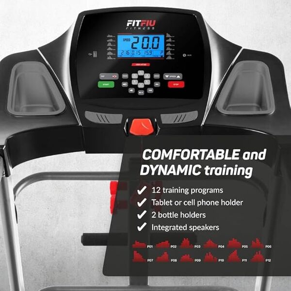 FITFIU Fitness MC-400 - Tapis de Course Pliable jusqu'à 20km/h, Connectivité Apps, Pliage Vertical Hydraulique, Écran LCD, Port USB et Accessoires