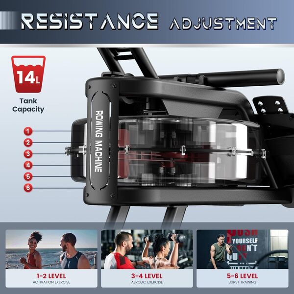 YAMO Rameur à Eau avec Écran LCD, Réservoir d'eau de 14 litres, Machine à Ramer avec Capacité de Poids de 150kg, Rowing Machine avec Abonnement de (Flat Water Tank)