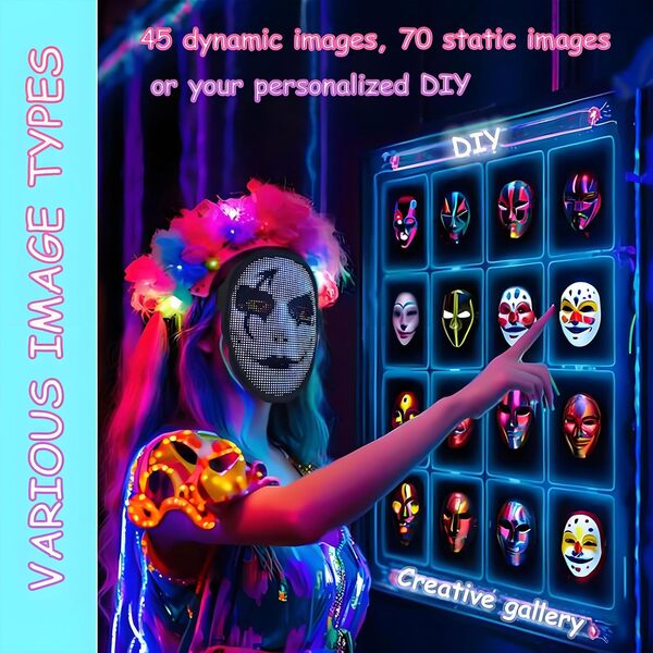 JDBMAOYE Masque lumineux à LED avec détection de geste, visage éclairé par LED avec Bluetooth pour Halloween, cosplay, fête, bal masqué