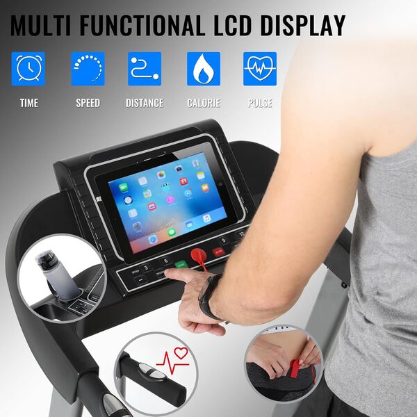 ISE Tapis de Course Pliable Electrique Professionnel, Tapis Roulant Electrique Motorisé 14 KM/H, Écran LCD, 12 programmes, Tapis de Marche Pliable Maison/Bureau, Tapis de Sport Course SY-T2711