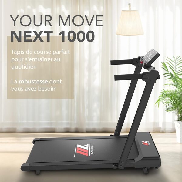 YM Tapis roulant électrique pliable, tapis de course MAXI (42 cm), marque italienne, cadre renforcé, application Kinomap Zwift Bitgym, gain de place, 12 programmes, modèle NEXT 1000 Your Move