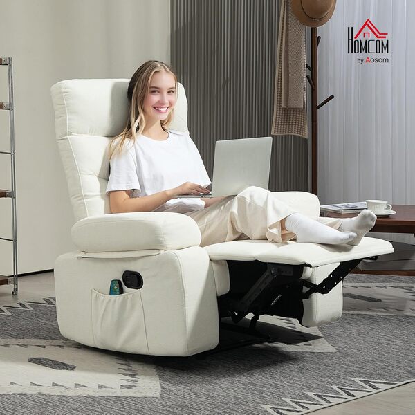 HOMCOM Fauteuil Relax électrique avec Fonction Massage Chauffage Fauteuil Relaxant avec Dossier inclinable et Repose-Pied, Poche latérale, télécommande, crème