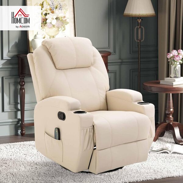 HOMCOM Fauteuil de Massage inclinable, Bascule et pivotant à 360°, Fauteuil de Relaxation, Dossier et Repose-Pieds réglable manuellement, télécommande, Porte-gobelets et Poches latérales, crème