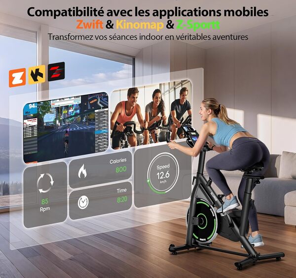 Velo d Appartement, SLUNSE Vélo d'Appartement connecté APPs avec Écran, Vélo d' Stationnaire pour la Maison avec Résistance Magnétique Réglable, Siège Moelleux et Réglage en Hauteur, Roulement 180KG