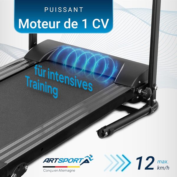 ArtSport Tapis de Course Speedrunner 2200 Pliable - pour la Maison, 12 km/h, 12 programmes, Inclinaison, écran 5 Pouces, Supports - capacité de Charge jusqu'à 120 kg