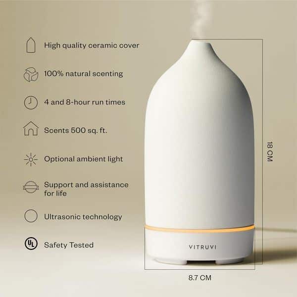Vitruvi Diffuseur d'huiles essentielles en céramique à ultrasons pour aromathérapie | Décoration d'intérieur Blanc Capacité 90 ML