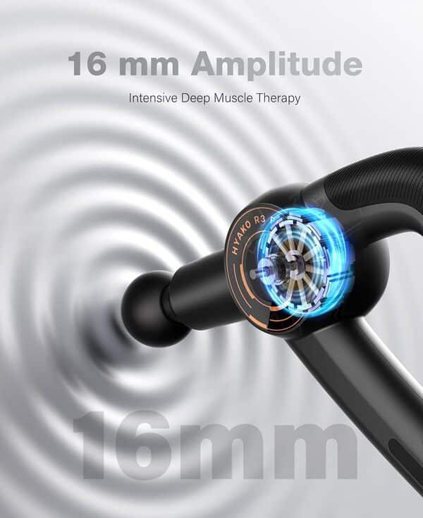 HYAKO R3 Pro Pistolet de massage 3 en 1 Amplitude 16 mm + Appareil de massage vibratoire à haute fréquence – Pistolet de massage musculaire des tissus profonds, soulage les douleurs musculaires et