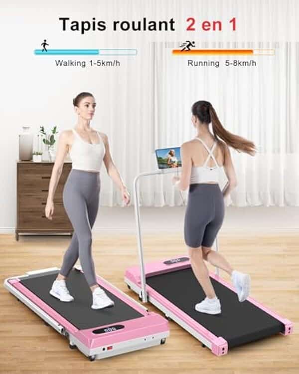 Découvrez notre test du tapis de course pliant 2 en 1, alliant performance et élégance avec sa teinte rose. Idéal pour l'exercice à domicile, il allie fonctionnalités modernes et design compact.