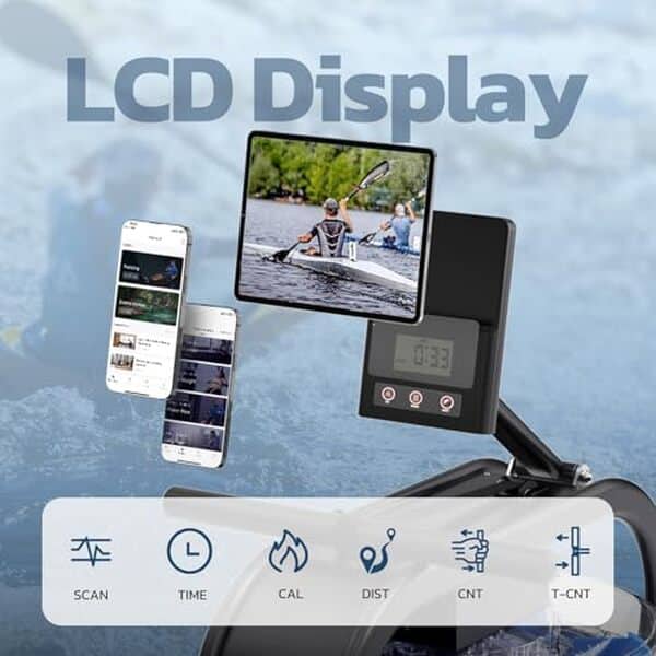 Découvrez le rameur à eau avec 6 niveaux de résistance et un écran LCD multifonction pour un entraînement efficace et adapté.